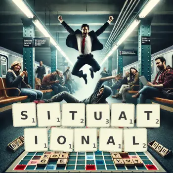 Creative illustration for a Scrabble game with the word SITUATIONAL spelled out in tiles on the board.