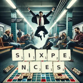 Creative illustration for a Scrabble game with the word SIXPENCES spelled out in tiles on the board.