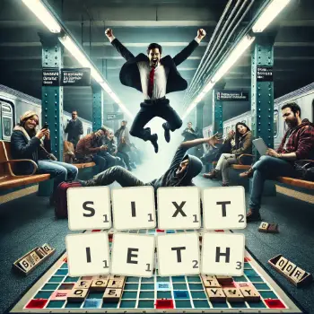 Creative illustration for a Scrabble game with the word SIXTIETH spelled out in tiles on the board.