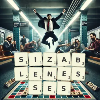 Creative illustration for a Scrabble game with the word SIZABLENESSES spelled out in tiles on the board.