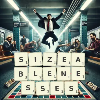 Creative illustration for a Scrabble game with the word SIZEABLENESSES spelled out in tiles on the board.