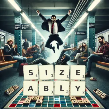 Creative illustration for a Scrabble game with the word SIZEABLY spelled out in tiles on the board.