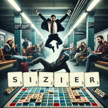 Creative illustration for a Scrabble game with the word SIZIER spelled out in tiles on the board.