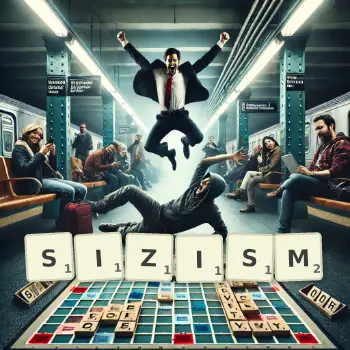 Creative illustration for a Scrabble game with the word SIZISM spelled out in tiles on the board.