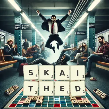 Creative illustration for a Scrabble game with the word SKAITHED spelled out in tiles on the board.