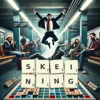 Creative illustration for a Scrabble game with the word SKEINING spelled out in tiles on the board.