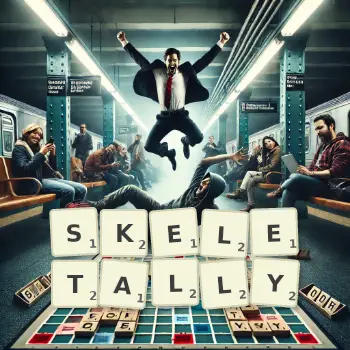 Creative illustration for a Scrabble game with the word SKELETALLY spelled out in tiles on the board.