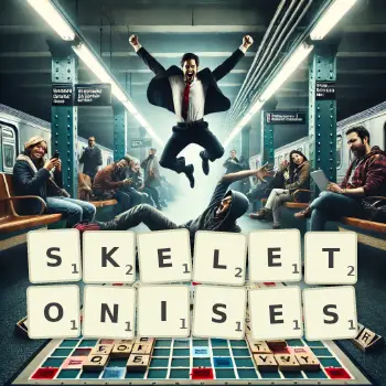 Creative illustration for a Scrabble game with the word SKELETONISES spelled out in tiles on the board.
