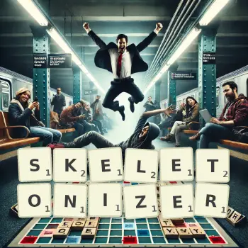 Creative illustration for a Scrabble game with the word SKELETONIZER spelled out in tiles on the board.