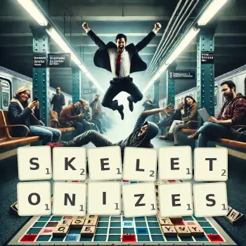 Creative illustration for a Scrabble game with the word SKELETONIZES spelled out in tiles on the board.