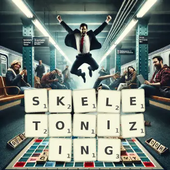 Creative illustration for a Scrabble game with the word SKELETONIZING spelled out in tiles on the board.