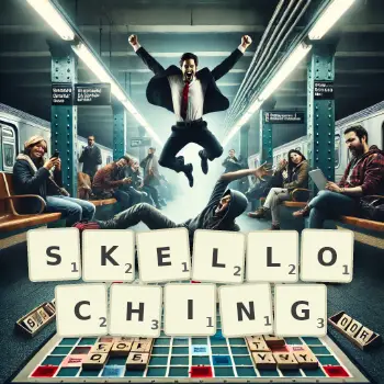 Creative illustration for a Scrabble game with the word SKELLOCHING spelled out in tiles on the board.