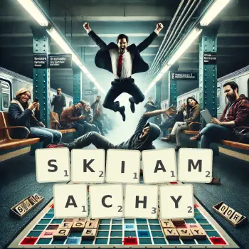 Creative illustration for a Scrabble game with the word SKIAMACHY spelled out in tiles on the board.