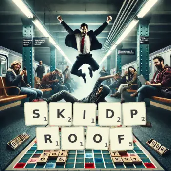 Creative illustration for a Scrabble game with the word SKIDPROOF spelled out in tiles on the board.