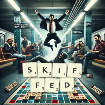Creative illustration for a Scrabble game with the word SKIFFED spelled out in tiles on the board.