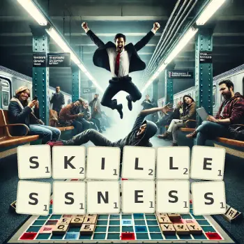 Creative illustration for a Scrabble game with the word SKILLESSNESS spelled out in tiles on the board.