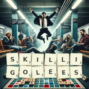 Creative illustration for a Scrabble game with the word SKILLIGOLEES spelled out in tiles on the board.