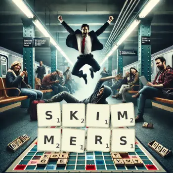 Creative illustration for a Scrabble game with the word SKIMMERS spelled out in tiles on the board.