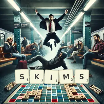 Creative illustration for a Scrabble game with the word SKIMS spelled out in tiles on the board.