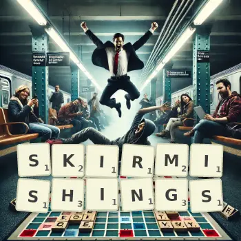 Creative illustration for a Scrabble game with the word SKIRMISHINGS spelled out in tiles on the board.