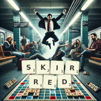 Creative illustration for a Scrabble game with the word SKIRRED spelled out in tiles on the board.