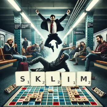Creative illustration for a Scrabble game with the word SKLIM spelled out in tiles on the board.