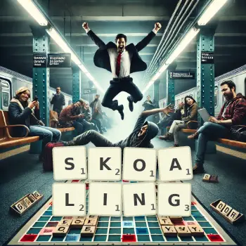 Creative illustration for a Scrabble game with the word SKOALING spelled out in tiles on the board.