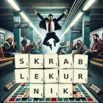 Creative illustration for a Scrabble game with the word SKRABLEKURNIK spelled out in tiles on the board.