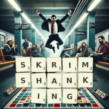 Creative illustration for a Scrabble game with the word SKRIMSHANKING spelled out in tiles on the board.
