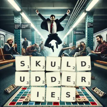 Creative illustration for a Scrabble game with the word SKULDUDDERIES spelled out in tiles on the board.