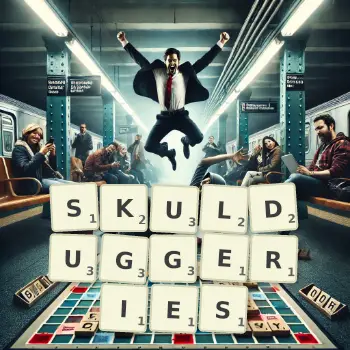Creative illustration for a Scrabble game with the word SKULDUGGERIES spelled out in tiles on the board.