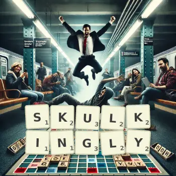 Creative illustration for a Scrabble game with the word SKULKINGLY spelled out in tiles on the board.