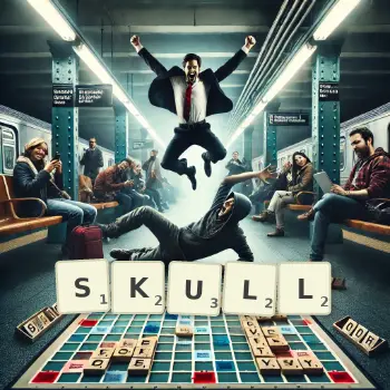 Creative illustration for a Scrabble game with the word SKULL spelled out in tiles on the board.