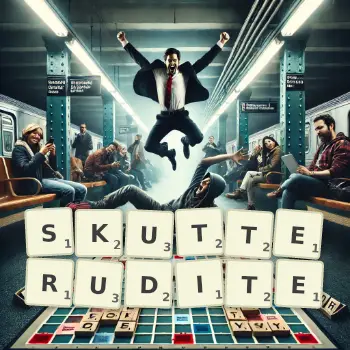 Creative illustration for a Scrabble game with the word SKUTTERUDITE spelled out in tiles on the board.