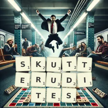 Creative illustration for a Scrabble game with the word SKUTTERUDITES spelled out in tiles on the board.
