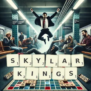 Creative illustration for a Scrabble game with the word SKYLARKINGS spelled out in tiles on the board.