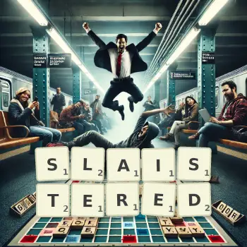 Creative illustration for a Scrabble game with the word SLAISTERED spelled out in tiles on the board.