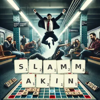 Creative illustration for a Scrabble game with the word SLAMMAKIN spelled out in tiles on the board.