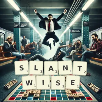 Creative illustration for a Scrabble game with the word SLANTWISE spelled out in tiles on the board.