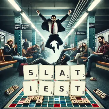 Creative illustration for a Scrabble game with the word SLATIEST spelled out in tiles on the board.
