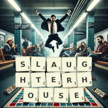 Creative illustration for a Scrabble game with the word SLAUGHTERHOUSE spelled out in tiles on the board.