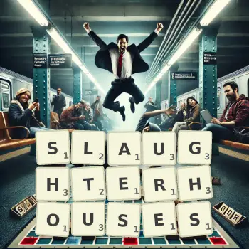 Creative illustration for a Scrabble game with the word SLAUGHTERHOUSES spelled out in tiles on the board.