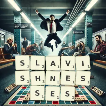 Creative illustration for a Scrabble game with the word SLAVISHNESSES spelled out in tiles on the board.