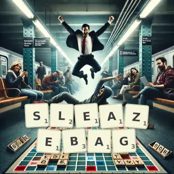Creative illustration for a Scrabble game with the word SLEAZEBAG spelled out in tiles on the board.