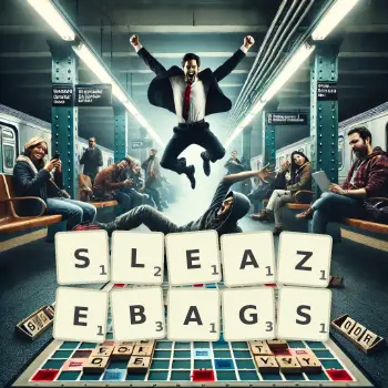 Creative illustration for a Scrabble game with the word SLEAZEBAGS spelled out in tiles on the board.