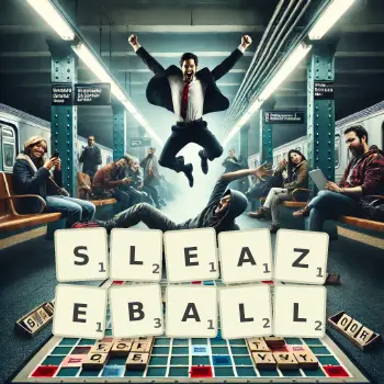 Creative illustration for a Scrabble game with the word SLEAZEBALL spelled out in tiles on the board.
