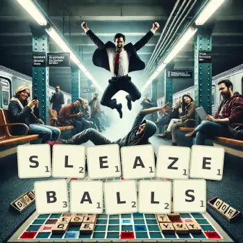 Creative illustration for a Scrabble game with the word SLEAZEBALLS spelled out in tiles on the board.