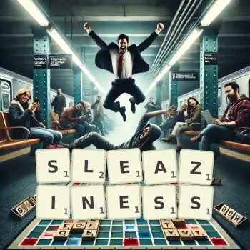 Creative illustration for a Scrabble game with the word SLEAZINESS spelled out in tiles on the board.