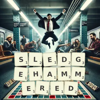 Creative illustration for a Scrabble game with the word SLEDGEHAMMERED spelled out in tiles on the board.
