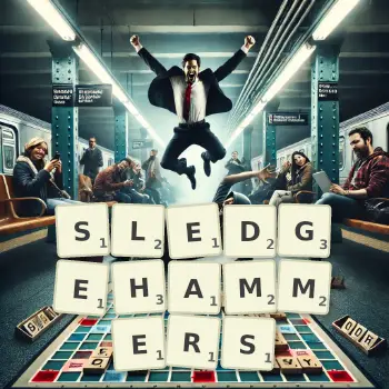 Creative illustration for a Scrabble game with the word SLEDGEHAMMERS spelled out in tiles on the board.